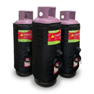 Three industrial gas cylinders arranged together on a white background, each equipped with a black Comind thermal insulation heating blanket, built-in controllers, and coiled power cables.