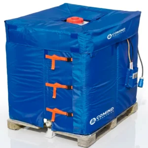 IBC heating blanket fitted around IBC tote with insulated cover and fastening straps