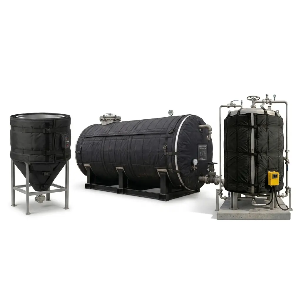 Custom industrial heating blankets and thermal insulation jackets installed on process tanks and vessels.