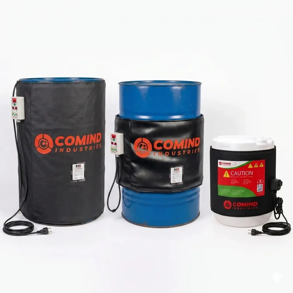 Variety of Comind Industries drum heating blankets for 200L and 60L barrels and containers.