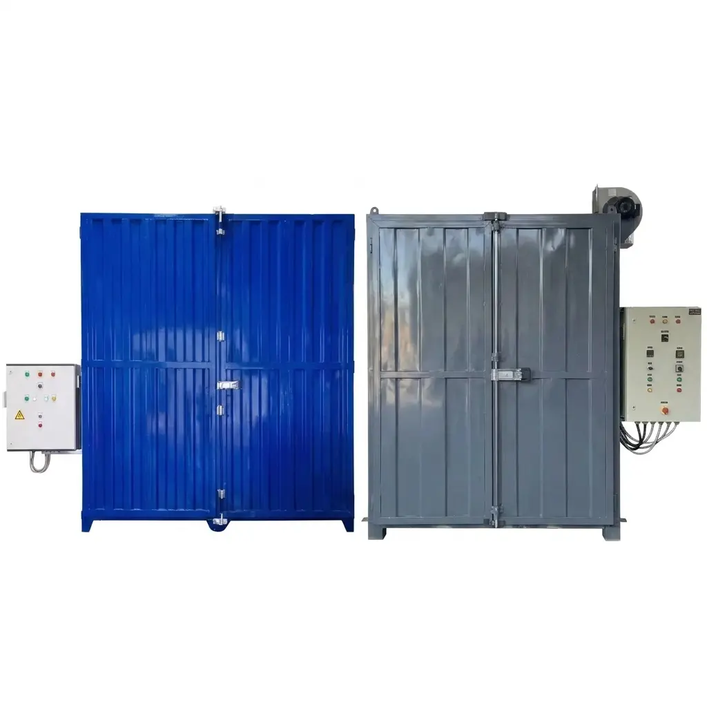 High-performance industrial curing and drying ovens, featuring two different models: a blue industrial oven and a grey industrial process oven with precise control systems.