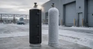 Frosted gas cylinder next to one wrapped in a heating blanket outdoors