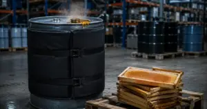 Steel drum with heating blanket and beehive frames in industrial warehouse
