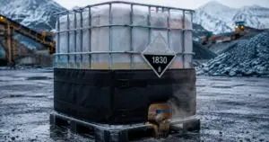 IBC tote with heating blanket and hazard placard at a mining site