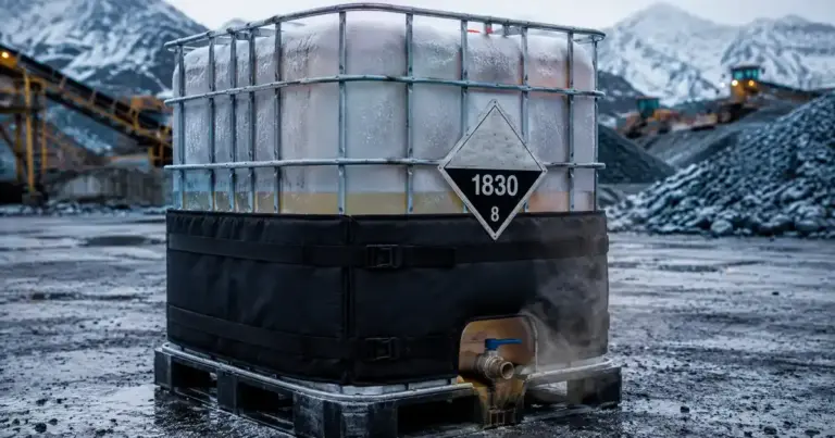 IBC tote with heating blanket and hazard placard at a mining site