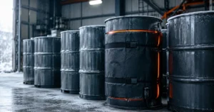 Steel drums with a heating blanket wrap in a cold industrial warehouse
